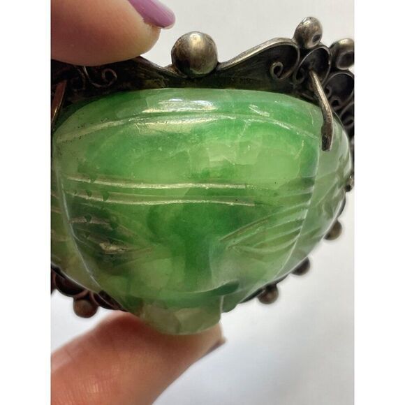 Vintage Silver Carved Green Stone Face Mask Brooch Pin - Picture 12 of 13